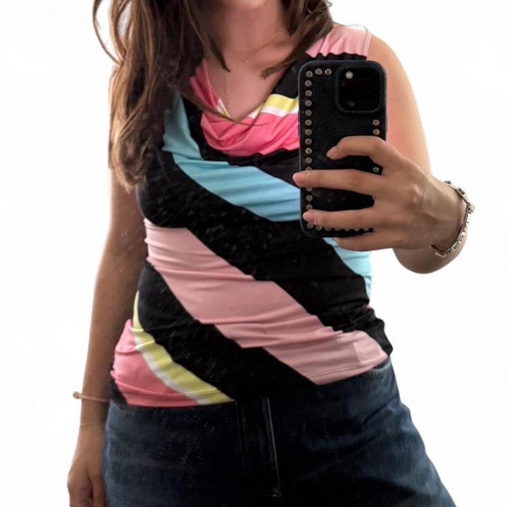 Chic Multicolor Striped Vintage Cowl Neck Top